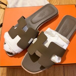 Hermes Khaki Women's Slide Sandals